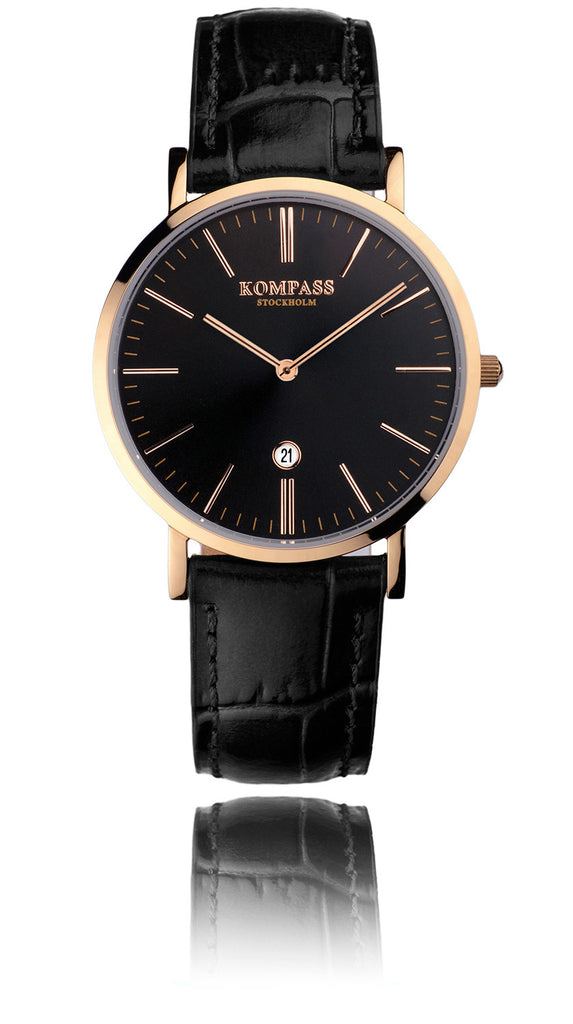 KOMPASS NAUTILUS LADIES ROSE GOLD BLACK DIAL BLACK STRAP