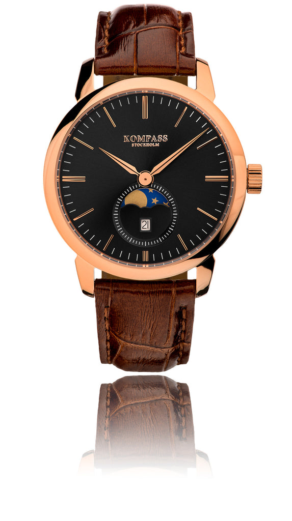 KOMPASS GRAND MOON PHASE BLACK DIAL BROWN STRAP