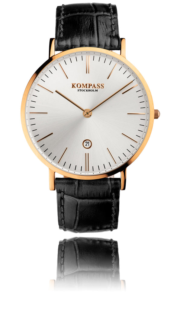 KOMPASS NAUTILUS ROSE GOLD SILVER DIAL BLACK STRAP