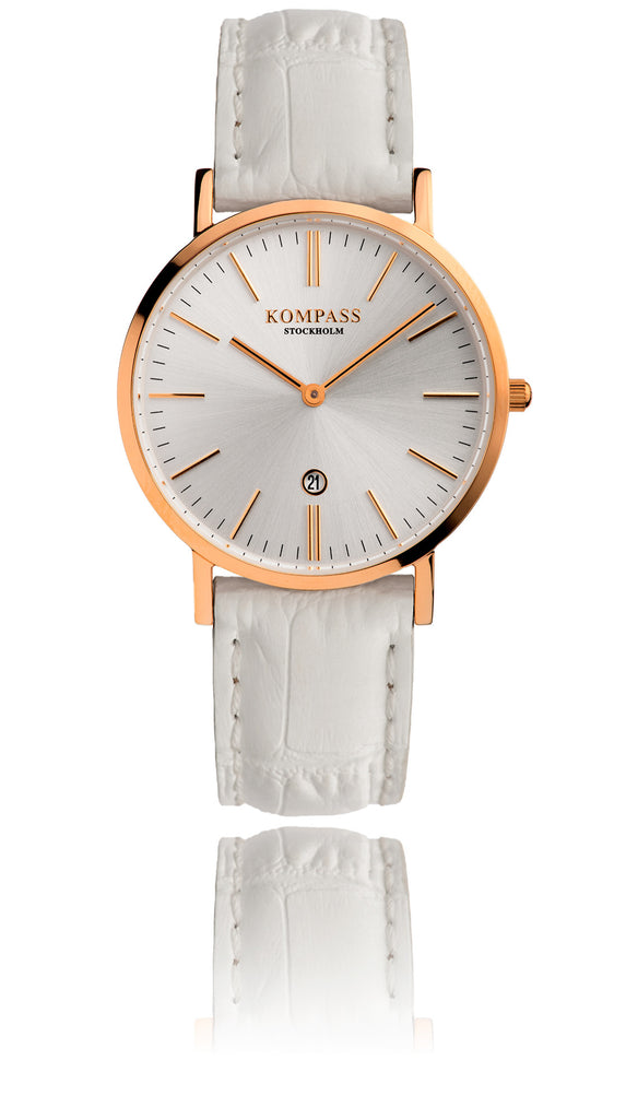 KOMPASS NAUTILUS LADIES ROSE GOLD SILVER DIAL WHITE STRAP